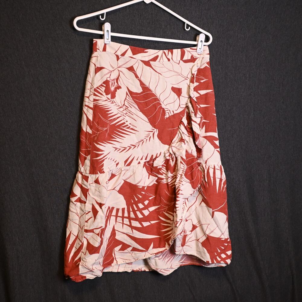 Madewell Women's 4 Linen Blend Ruffle-Wrap Midi Skirt "Tropical Vacation" Floral